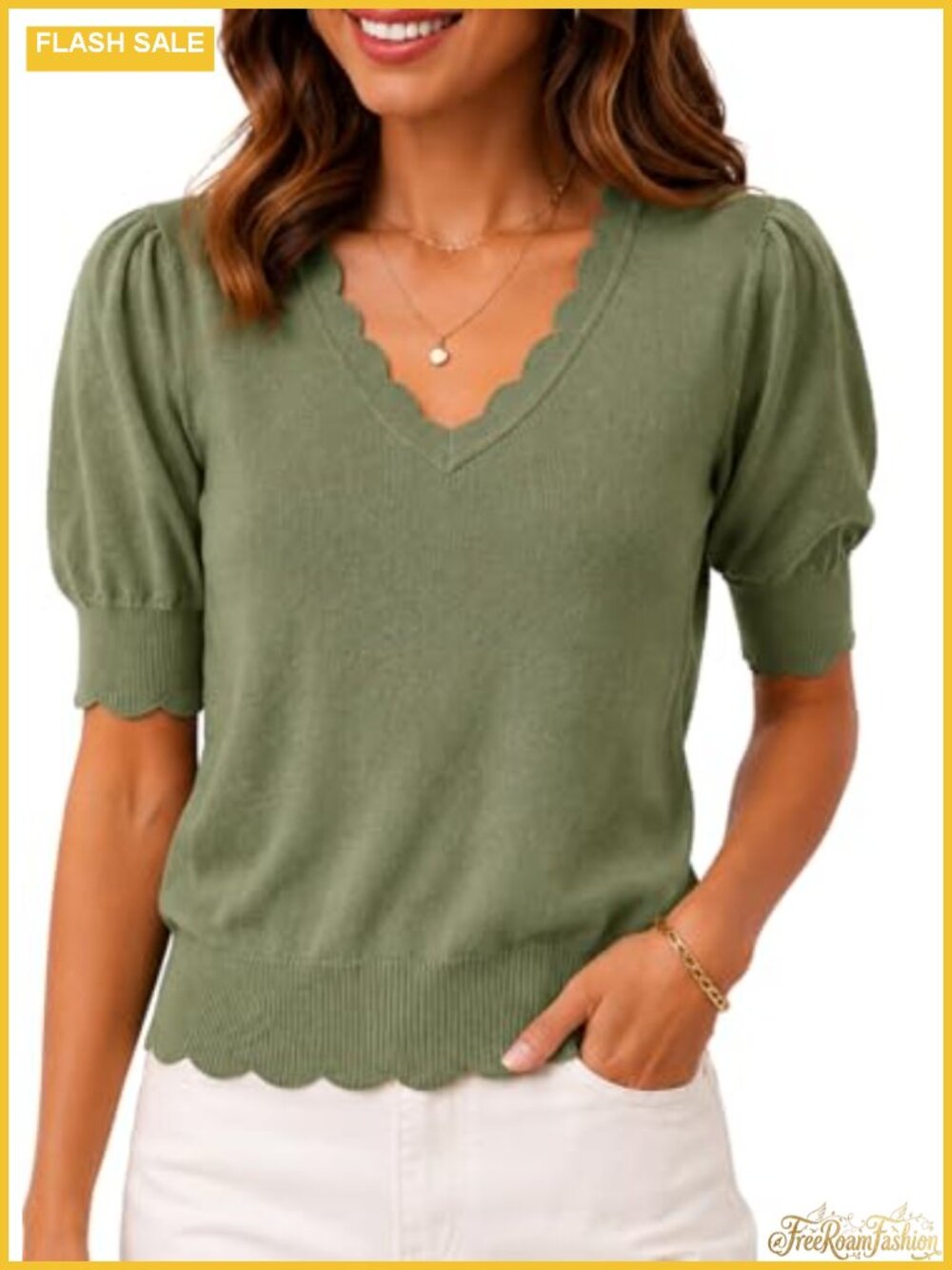 Short Sleeve Sweater Women Pullover Scalloped V-Neck Puff Sleeve Knit Top